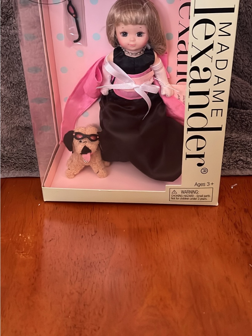 Madame Alexander Blonde Doll in Black Gown with Pink Cape and Tan Dog